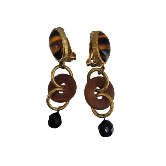 Vintage 80s Natori Clip-On Earrings | Cat Eye Cabochon Resin Rings & Black Drop - Picture 1 of 4